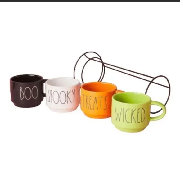 Rae Dunn 4pc Halloween "treats," "wicked," "spooky," "boo" Mugs With Wir… - Picture 2 of 2